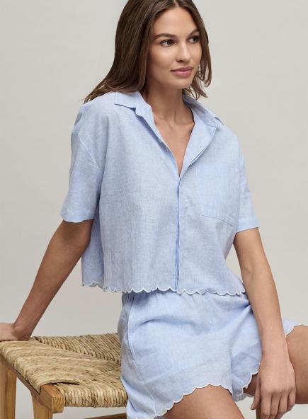 リネンブレンド ストライプ スカラップシャツ